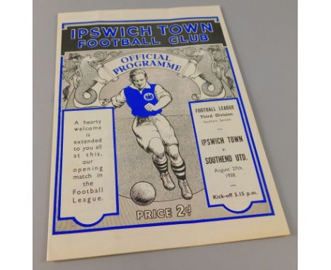 A production football programme, for Ipswich Town -v- Southend United 27/8/1938, Football League 3rd Division South, first ma