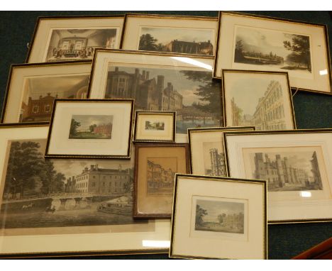 A collection of prints etc., each depicting various scenes of Queens College Oxford, to include an example after R Harraden