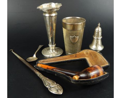 A collection of small silver mounted and silver items etc., to include a horn beaker with silver mounts, a button hook, speci