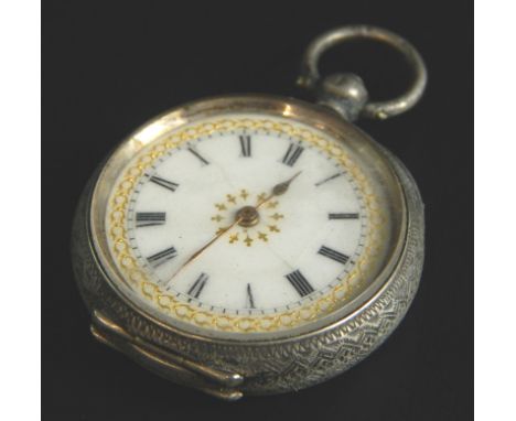 A silver fob watch, with white enamel dial, and gold motifs, in floral engraved case, key wind, 35.4g all in. 