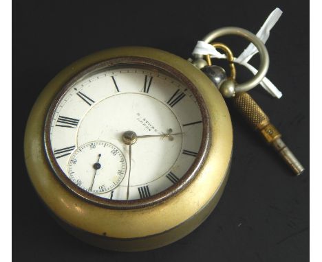 A silver pocket watch, maker H.Stone, with white enamel dial, seconds dial, key wind, with outer silver plated case, 136g all