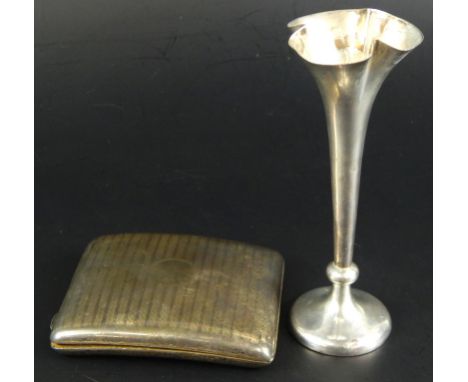 Two items of small silver, an engine turned cigarette case, Birmingham 1928, 3¼oz, and a silver specimen vase, loaded.