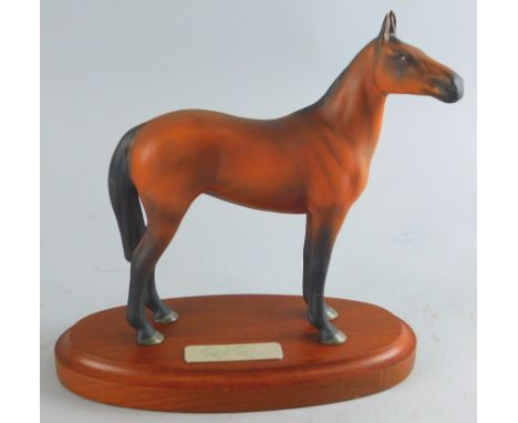 A Mason's pottery matt figure group, horse ornament Red Rum, 351 KT79 under the foot, 16cm high, with wooden plinth (boxed, A