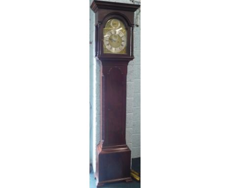 Waggitt, Richmond. A 18thC longcase clock, with an arched brass dial silvered chapter ring, subsidiary seconds calendar dial,