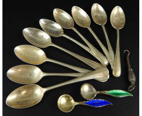 Various silver and white metal spoons, to include a pair of Scandinavian salt spoons with coloured enamel handles, 3½oz gross