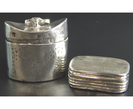 A 19thC silver vinaigrette, with ribbed decoration and gilt filigree cover to the interior and a miniature silver tea caddy (