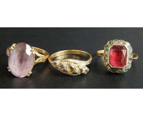 Three 9ct gold dress rings, to include a 9ct gold amethyst dress ring, a Victorian dress ring and a five white stone dress ri