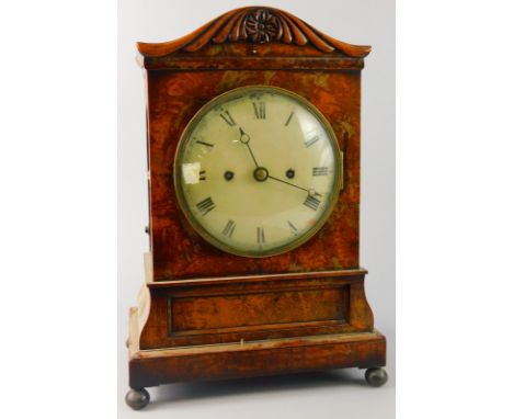 John B Cross, London.  A George IV bracket clock, in a burr oak case, the white enamel dial with Roman numerals, the case wit