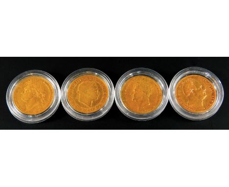 A set of four sovereigns, the first four modern British sovereigns, King George III, George IV (1st type), King George IV (2n
