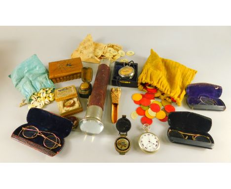 Miscellaneous items, to include a 19thC bone apple corer, a small military compass stamped serial number 17366, a volt meter,