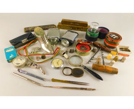 Miscellaneous items, to include two portable Ever Ready lamps, a magnifying glass, a shoe pin cushion, two levels, a corkscre