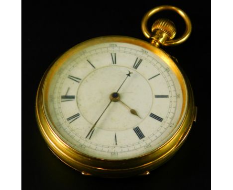 A Victorian 18 carat gold pocket watch and chronograph, the enamel dial with Roman numerals, the movement stamped with a numb