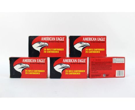 One hundred cal 308 Winchester American Eagle 150 grain full metal jacket, boat tail rifle cartridges.  FIREARMS CERTIFICATE 
