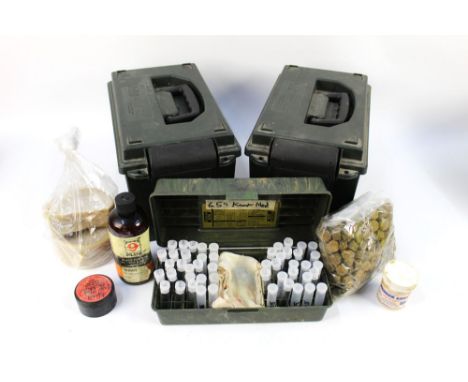 Two MTM Case-Gard ammo can boxes, containing reloading equipment to include 12 bore lubed cushion wads, black powder solvent 
