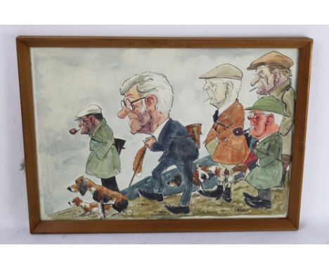 Wilk John William Wilkinson (1906-1994) a watercolour cartoon depicting a band of Blencathra Foxhounds hunt followers, with n