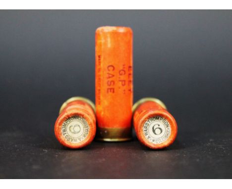 Three Eley GP paper case cartridges 12 bore, the end caps marked A Ward Thompson Middlesborough.  SHOTGUN CERTIFICATE REQUIRE