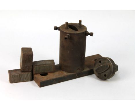 A vintage fishing spoon press, with three blocks for different patterned scales, the making spoons +/- 6.5 cm in length, poss