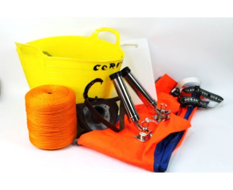 A pair of Ocean waterproof bib and brace, stainless steel boat rod holders, large spool of rope etc.