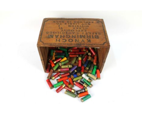 A Kynoch Primax wooden 500 cartridge box, 12 gauge, 5 shot, with seventy assorted collectors cartridges, paper and plastic ca