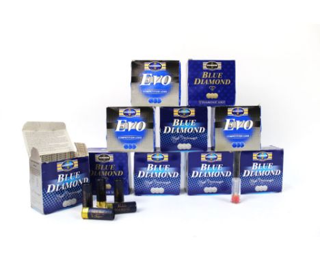 Two hundred and fifty Gamebore 12 bore shotgun cartridges, to include Blue Diamond and Evo.  Shot sizes and weights.  SHOTGUN