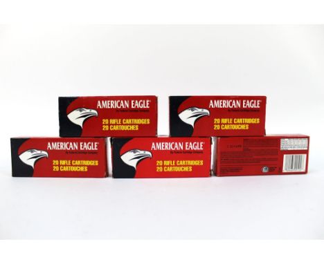 One hundred American Eagle cal 223 Remington, 50 grain, flat base hollow point rifle cartridges. FIREARMS CERTIFICATE REQUIRE