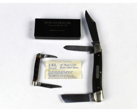 Wostenholm I* XL folding pocket knives, the first with three blades and marked to the scale IXL 1787-1980, nameplate measurin