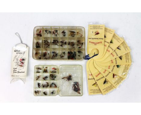 Two plastic boxes and various bags etc of trout flies, to include The Famous Grouse Finest Scotch Whisky fishing fly collecti