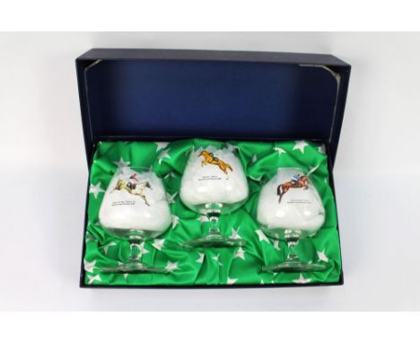 Martell Cognac horse and jockey commemorative glasses 2002, featuring "Bindaree Winner of the Grand National 2002" and "What'