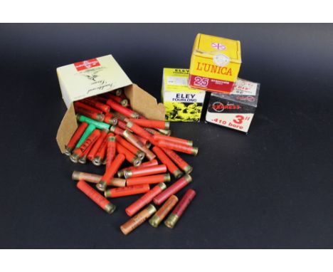 +/- One hundred 410 shotgun cartridges, paper and plastic cases, various sizes.  SHOTGUN CERTIFICATE REQUIRED.  WE CANNOT POS