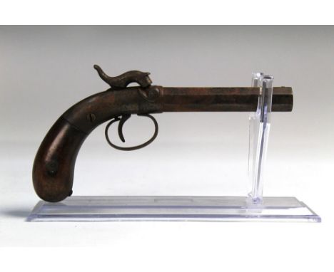 A Victorian percussion pistol, with hexagonal 4" barrel the round body with dolphin hammer and wooden handle scales.  Overall