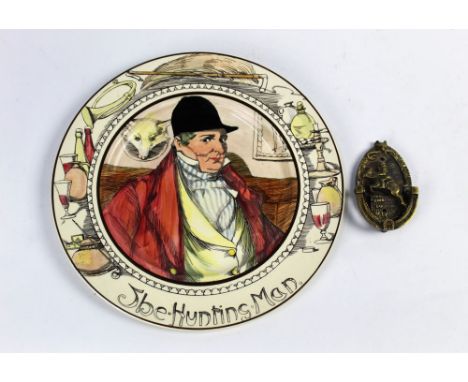 A Royal Doulton The Hunting Man plate, diameter 26.5 cm, together with a brass door knocker in the form of a huntsman and hor