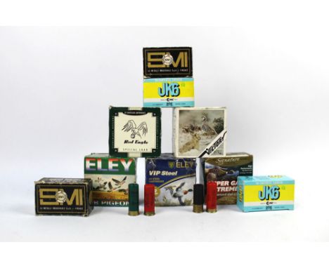 Nine boxes of 12 bore shotgun cartridges, to include JK6 by RC Italy, Red Eagle Special Load, 35 gram, No. 7 shot, Eley steel