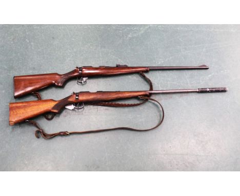Two Brno cal 22 LR bolt action rifles, a model No 5 fitted with a Parke Hale sound moderator, leather sling and detachable ma