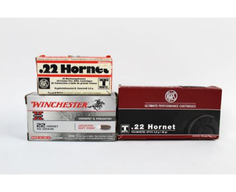 Eighty three cal 22 Hornet rifle cartridges, to include RWS and Winchester.  FIREARMS CERTIFICATE REQUIRED.  WE CANNOT POST A