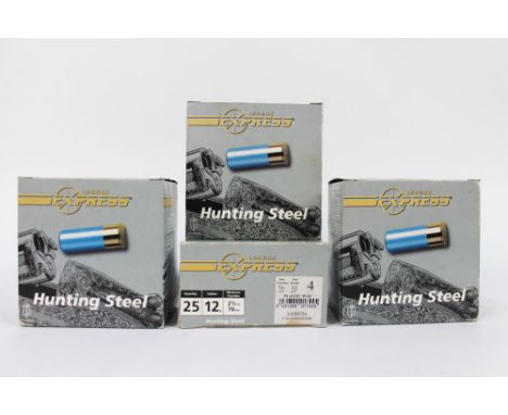 One hundred Lyalvale Express hunting steel 12 shotgun cartridges, 70 mm, 32 gram, shot size 4, plastic wad.  SHOTGUN CERTIFIC