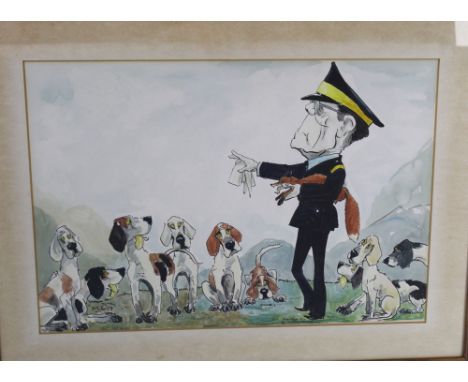 Wilk John William Wilkinson (1906-1994) a watercolour a cartoon depicting Paddy Morrison with fox under arm and The Blencathr
