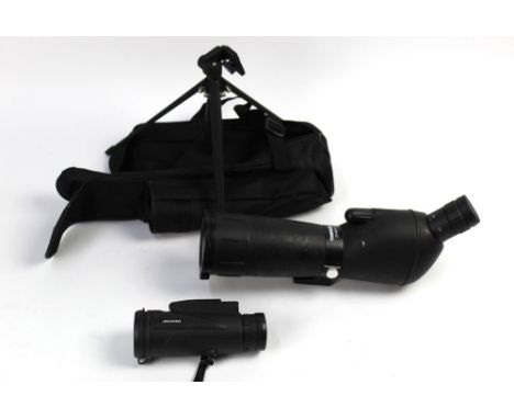 A Traveller 20-60 x 60 spotting scope, with bag and tripod and a Jinhuaxin 12 x 50 monocular.