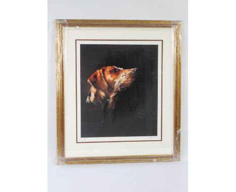 Karen Davis, signed limited edition print, foxhounds head, 15/395, 51 x 42 cm framed and mounted.