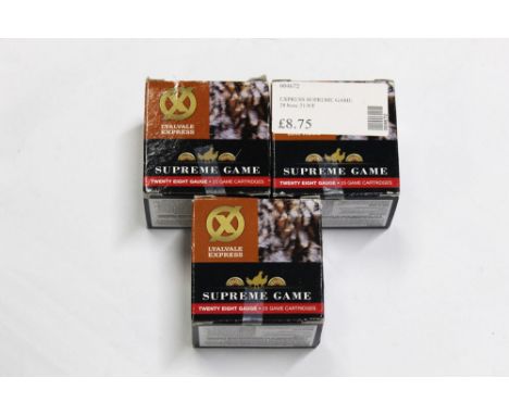 Three boxes (75 rounds) of Lyalvale Express Supreme Game 28 bore shotgun cartridges, 65 mm, 21 gram, shot size 8, fibre wad. 