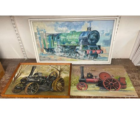 Three steam engine related oils on board, framed