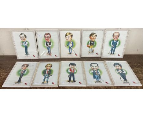 A set of ten Embassy Snooker celebrity caricature prints, including Jimmy White and Steve Davis, framed