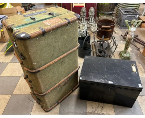 A steel box and a vintage banded steamer trunk 