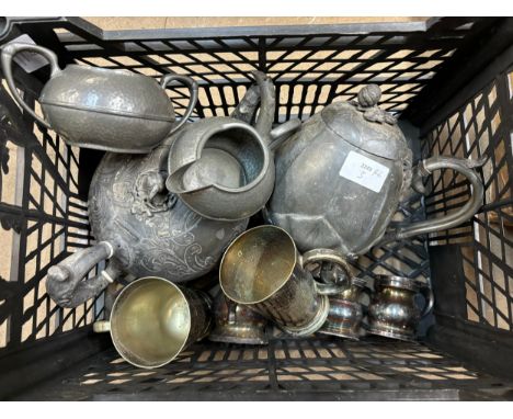 Two James Dixon & Sons pewter tea pots, hammered pewter milk jug and sucrier, together with five items of plated ware