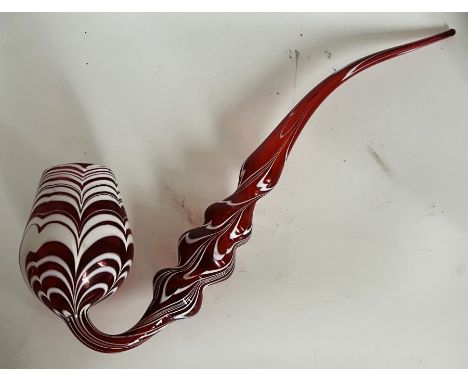A large 19th Stourbridge cranberry glass pipe combed in white, 48cm long