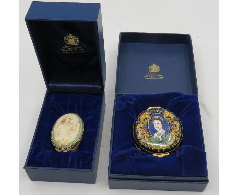 Halcyon days enamel boxes: Princess Elizabeth Golden Jubilee, no 24/250 and Queen Elizabeth the Queen Mother centenary, in or