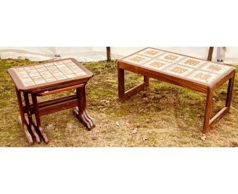 A mid 20th century tile inlaid and teak coffee table; another similar nest of tables (2)