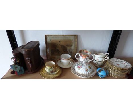Mixed lot to include cased binoculars, some plated ware, mixed ceramics to include Coalport , and a lidded muffin dish , a ce