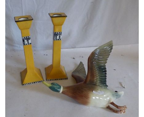 A pair of W&amp;R Carlton ware art deco yellow candle sticks, 26 cm high, just a small nick to the base of one stick,&nbsp; P