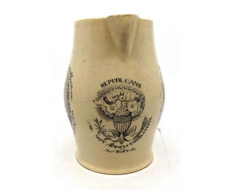 This creamware jug was made c1900, transfer decorated. It is decorated with three prints: Lafayette, Washington and Republica