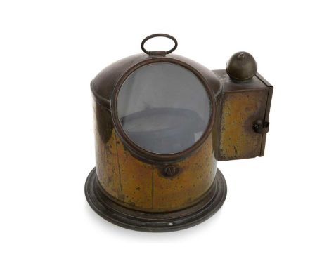 SHIP'S COMPASS BINNACLE, EARLY TO MID-20TH CENTURY  with white dial, the brass surround with glazed front, side door for lamp